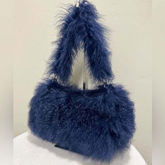 Navy Handmade Real Curly Shearling  Removable Strap Bag/Shoulder Bag/Crossbody - Picture 6 of 17